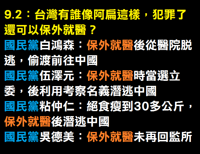 9.2說:保外就醫等於放了